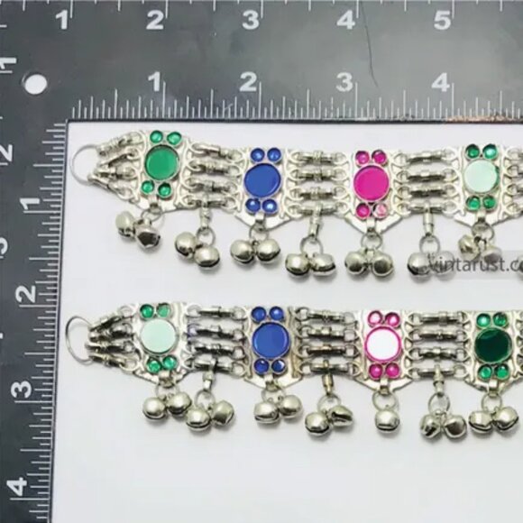 Afghan Anklets, Multicolor Glass Stone Anklets Pair, Anklets With Bells And Glas - Picture 7 of 8